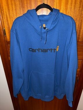 Carhartt Blue Pullover Hoodie with Black and Gold Logo